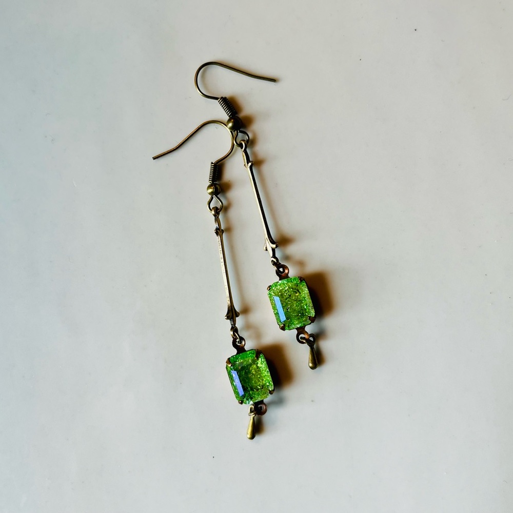 SOLD Peridot Green Crackle Glass Art Nouveau Earrings w a Glacier Blue Finish - Picture 15 of 15